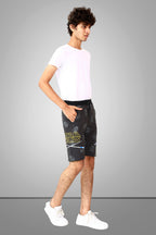 DARK GREY LYCRA PRINT SHORTS WITH 2 SIDE ZIPPERS
