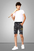 DARK GREY LYCRA PRINT SHORTS WITH 2 SIDE ZIPPERS
