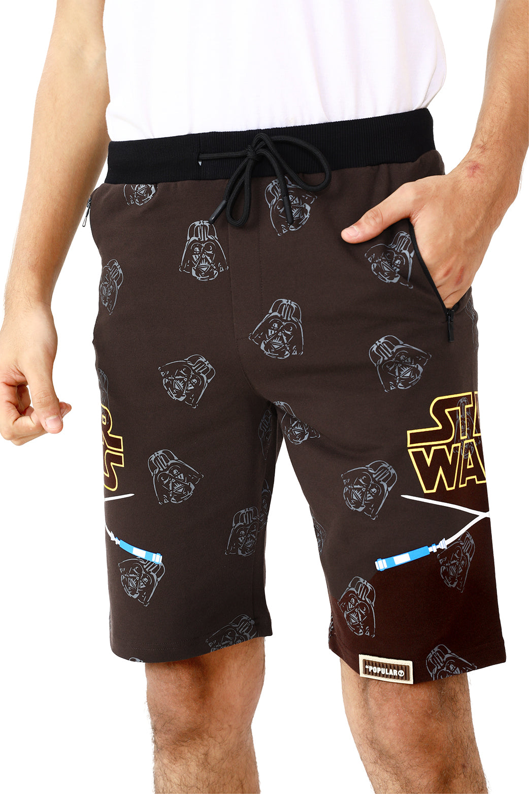 COFFEE LYCRA PRINT SHORTS WITH 2 SIDE ZIPPERS