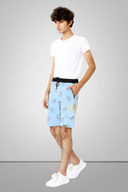 LIGHT SKY BLUE LYCRA PRINT SHORTS WITH 2 SIDE ZIPPERS