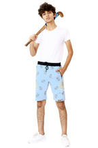 LIGHT SKY BLUE LYCRA PRINT SHORTS WITH 2 SIDE ZIPPERS