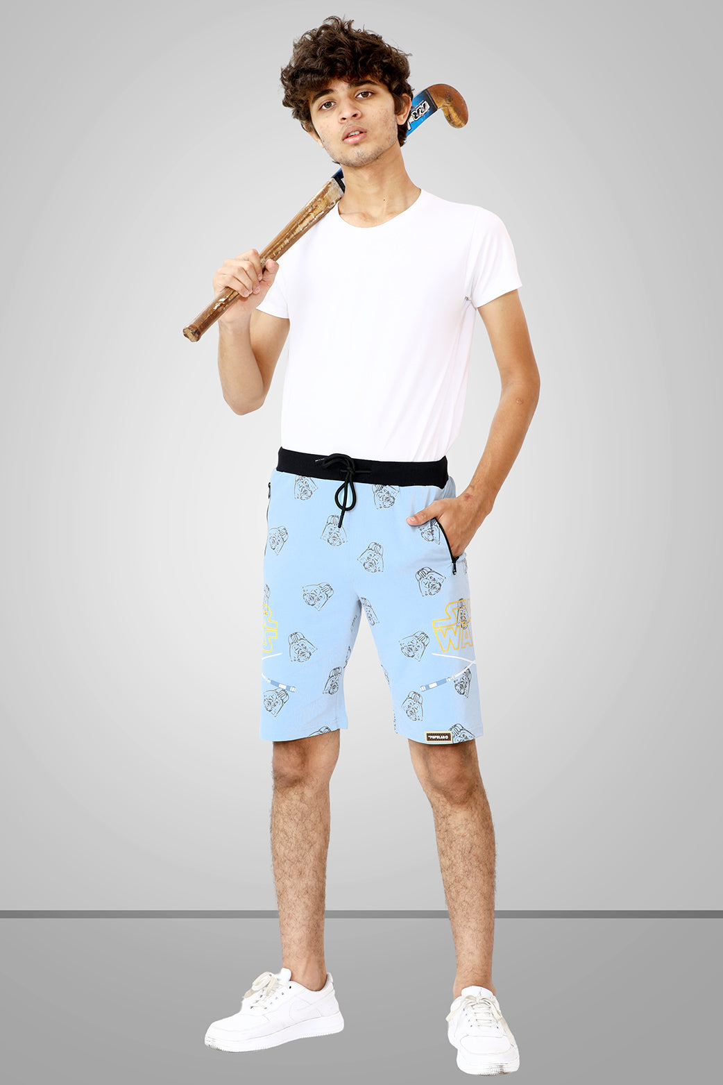 LIGHT SKY BLUE LYCRA PRINT SHORTS WITH 2 SIDE ZIPPERS