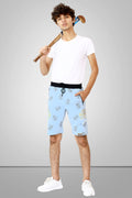 LIGHT SKY BLUE LYCRA PRINT SHORTS WITH 2 SIDE ZIPPERS