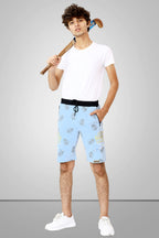 LIGHT SKY BLUE LYCRA PRINT SHORTS WITH 2 SIDE ZIPPERS