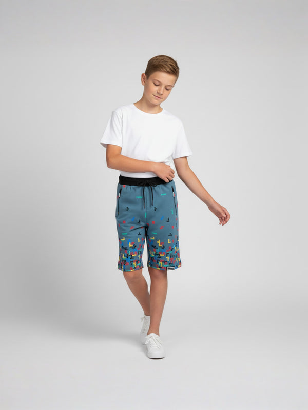 LIGHT SKY BLUE LYCRA PRINT SHORTS WITH 2 SIDE ZIPPERS