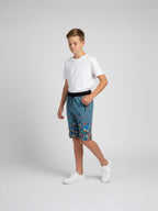 LIGHT SKY BLUE LYCRA PRINT SHORTS WITH 2 SIDE ZIPPERS