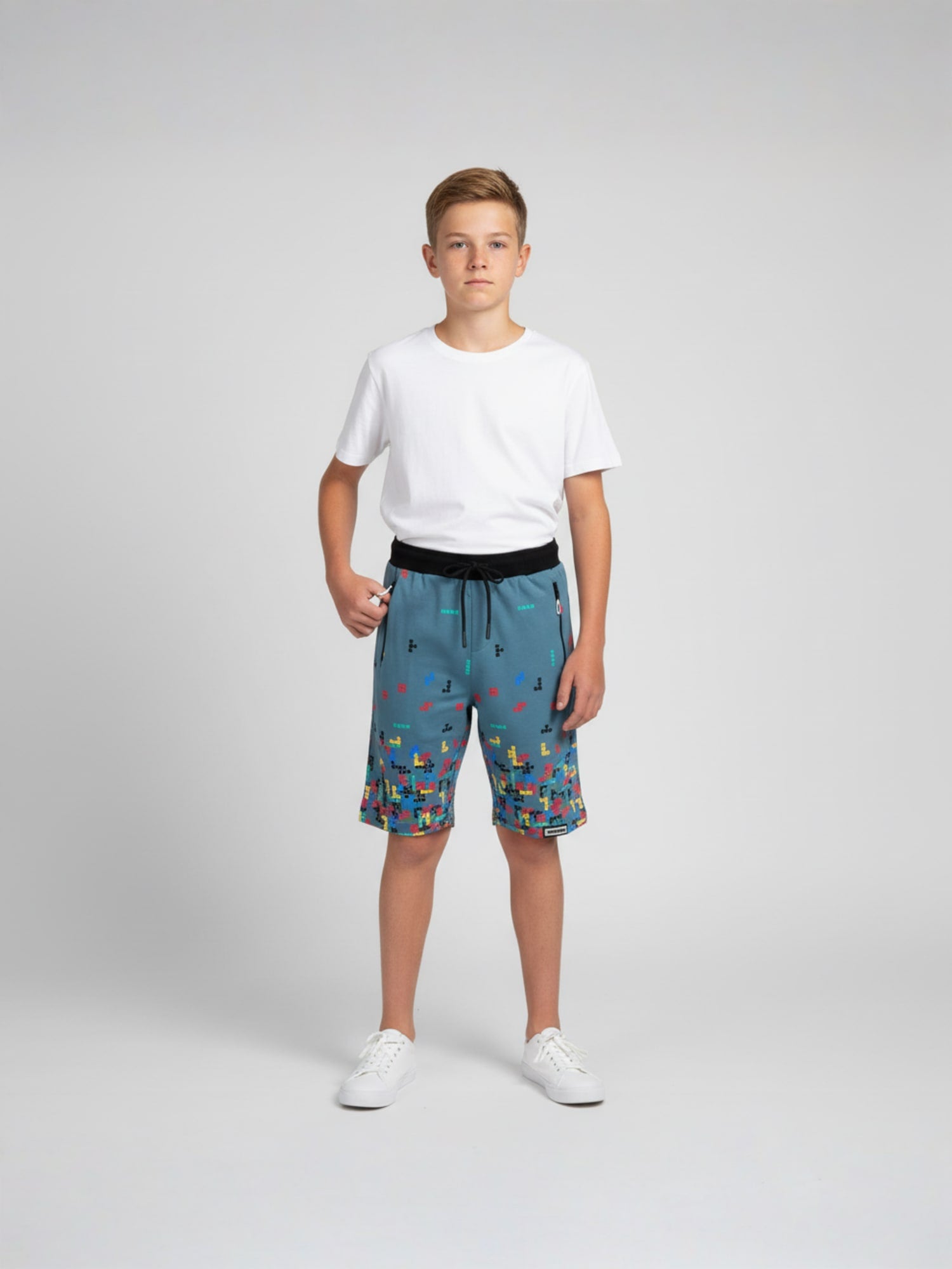 LIGHT SKY BLUE LYCRA PRINT SHORTS WITH 2 SIDE ZIPPERS