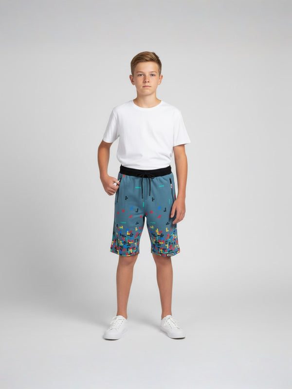 LIGHT SKY BLUE LYCRA PRINT SHORTS WITH 2 SIDE ZIPPERS