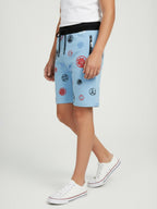 LIGHT SKY BLUE LYCRA PRINT SHORTS WITH 2 SIDE ZIPPERS