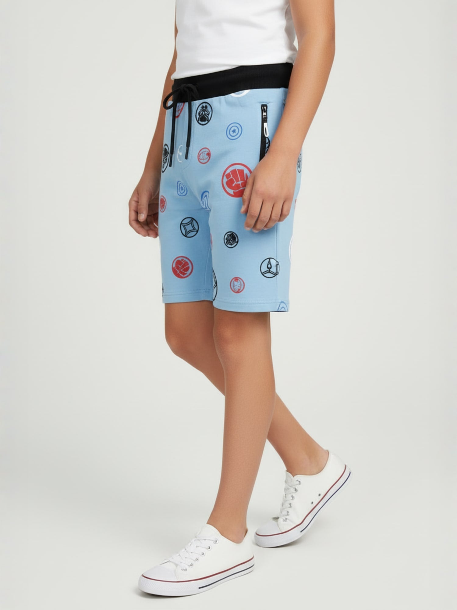 LIGHT SKY BLUE LYCRA PRINT SHORTS WITH 2 SIDE ZIPPERS