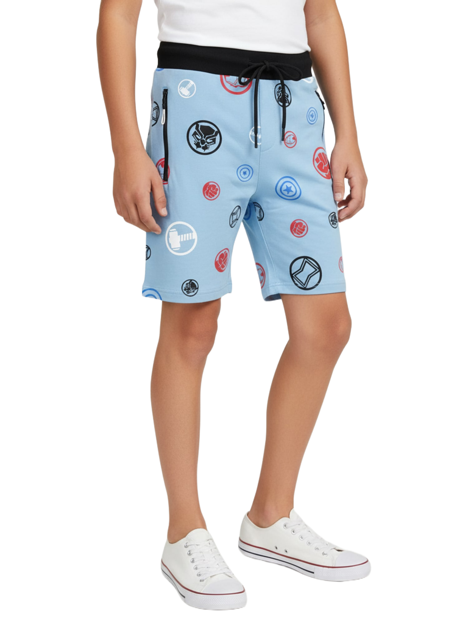 LIGHT SKY BLUE LYCRA PRINT SHORTS WITH 2 SIDE ZIPPERS