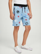 LIGHT SKY BLUE LYCRA PRINT SHORTS WITH 2 SIDE ZIPPERS