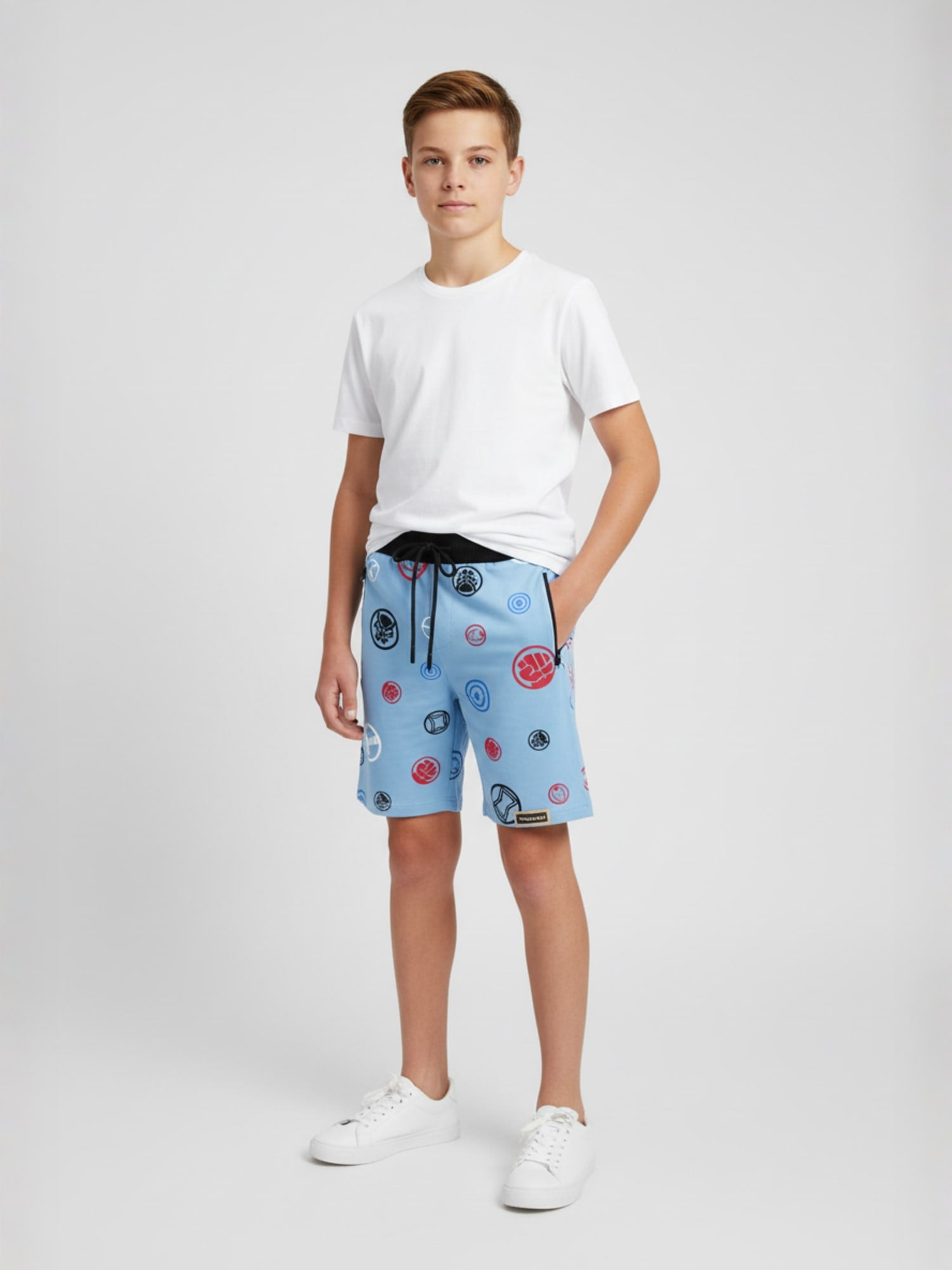 LIGHT SKY BLUE LYCRA PRINT SHORTS WITH 2 SIDE ZIPPERS