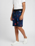 NAVY BLUE LYCRA PRINT SHORTS WITH 2 SIDE ZIPPERS