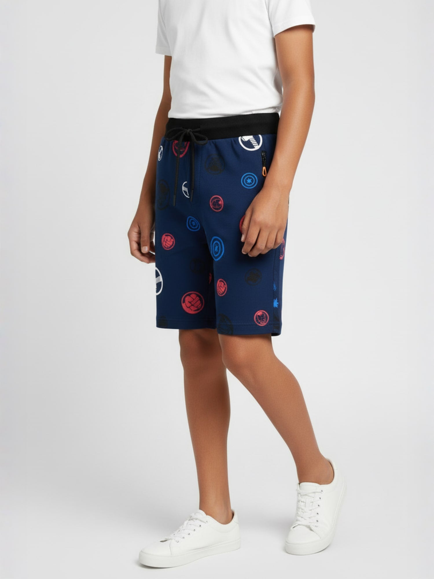 NAVY BLUE LYCRA PRINT SHORTS WITH 2 SIDE ZIPPERS