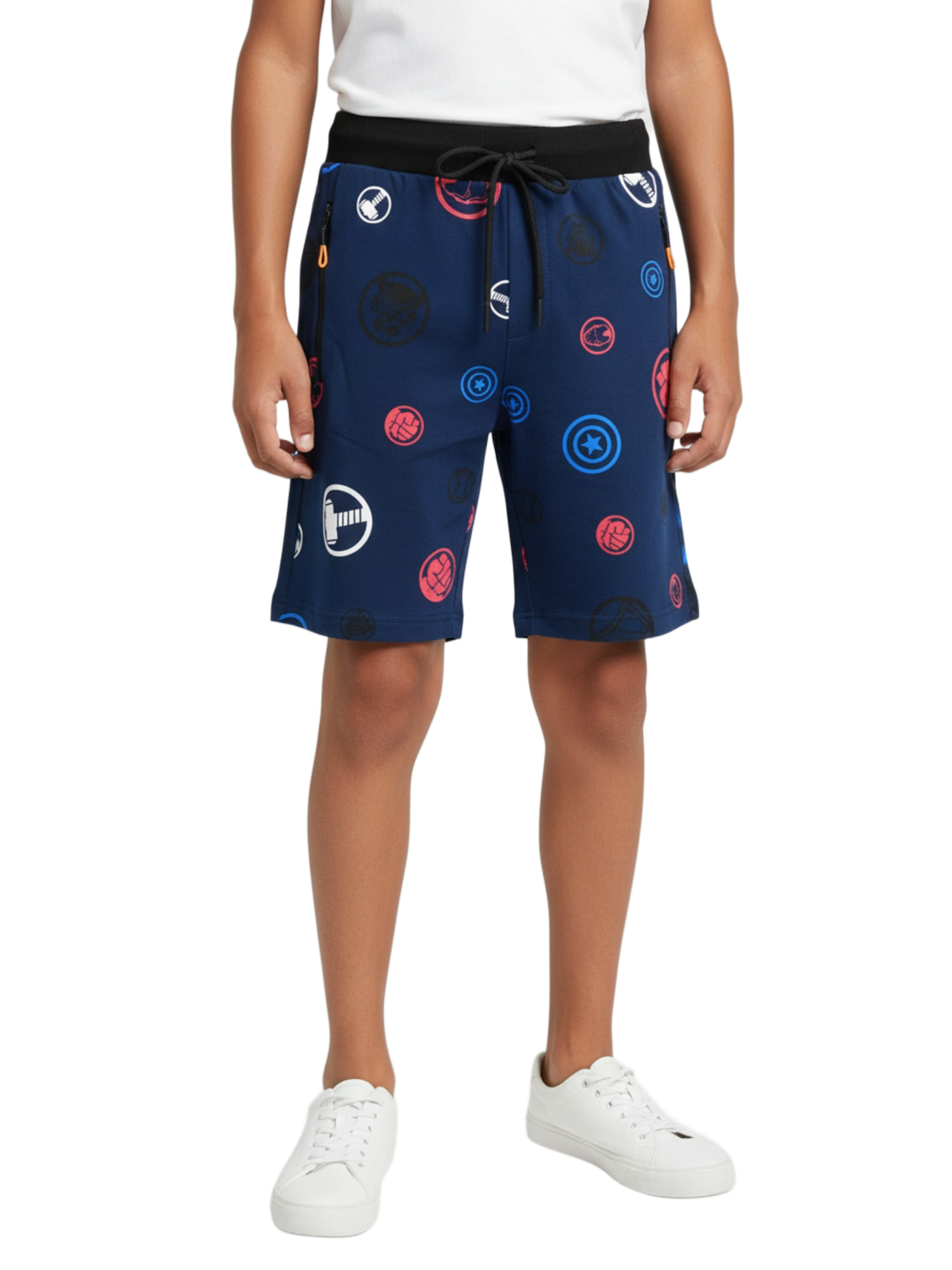 NAVY BLUE LYCRA PRINT SHORTS WITH 2 SIDE ZIPPERS