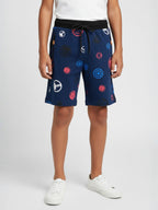 NAVY BLUE LYCRA PRINT SHORTS WITH 2 SIDE ZIPPERS