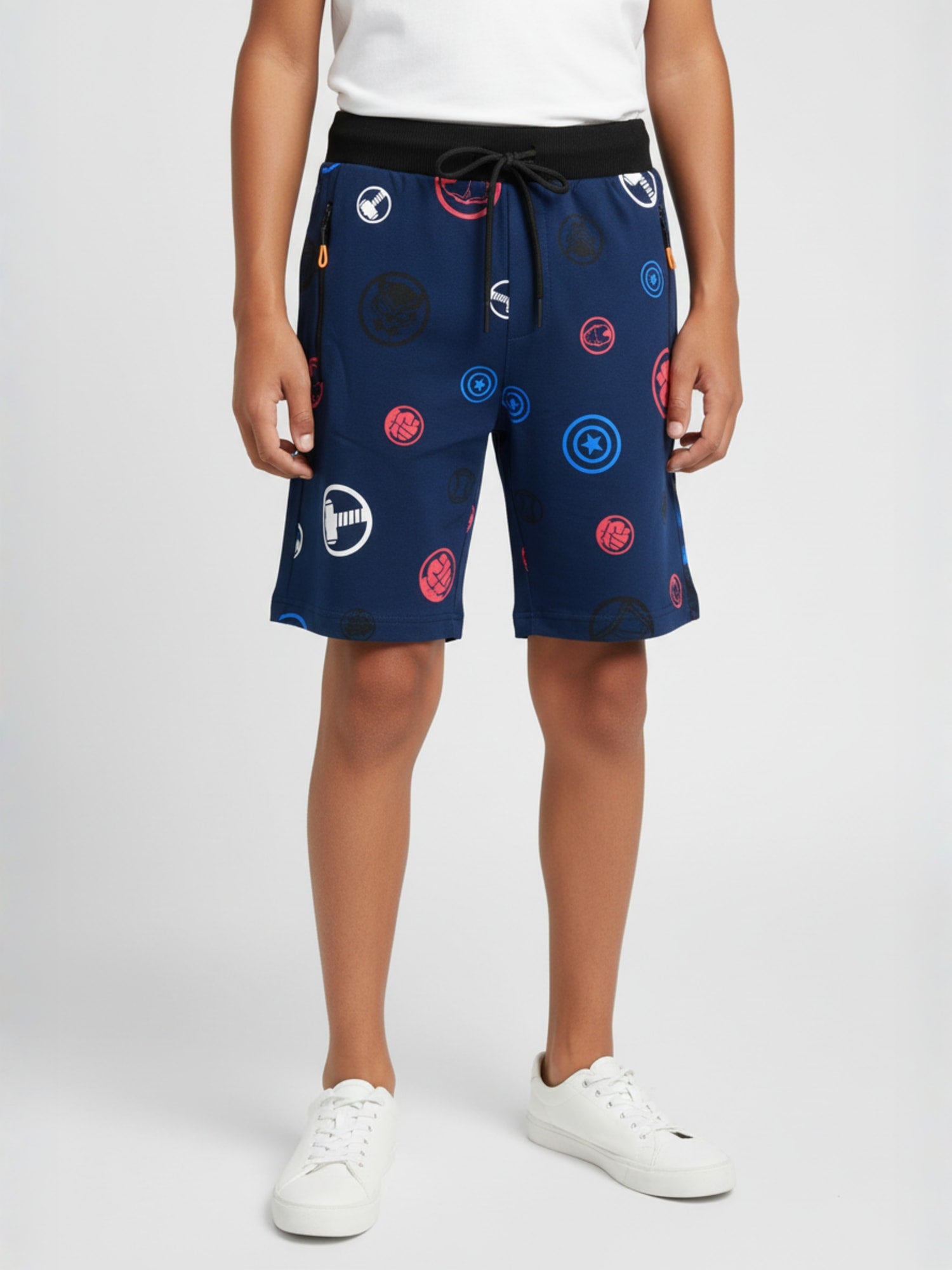 NAVY BLUE LYCRA PRINT SHORTS WITH 2 SIDE ZIPPERS