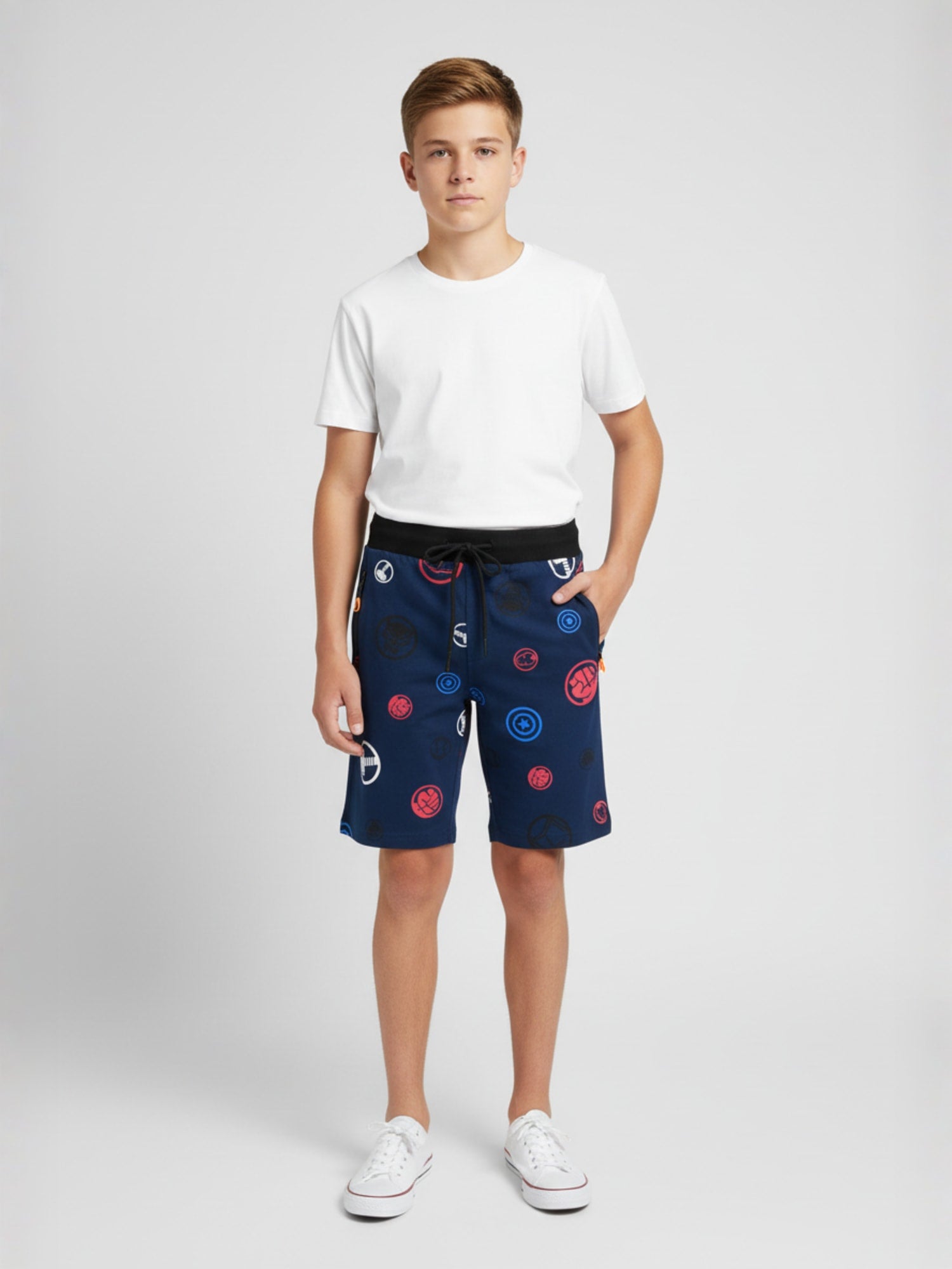 NAVY BLUE LYCRA PRINT SHORTS WITH 2 SIDE ZIPPERS