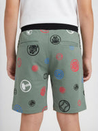 OLIVE LYCRA PRINT SHORTS WITH 2 SIDE ZIPPERS