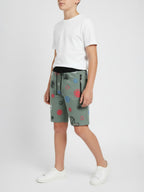OLIVE LYCRA PRINT SHORTS WITH 2 SIDE ZIPPERS