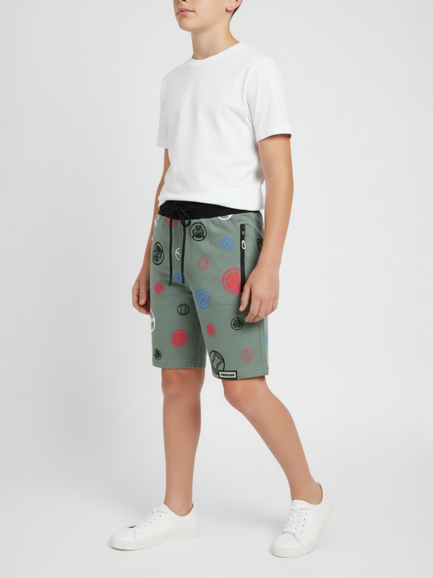 OLIVE LYCRA PRINT SHORTS WITH 2 SIDE ZIPPERS