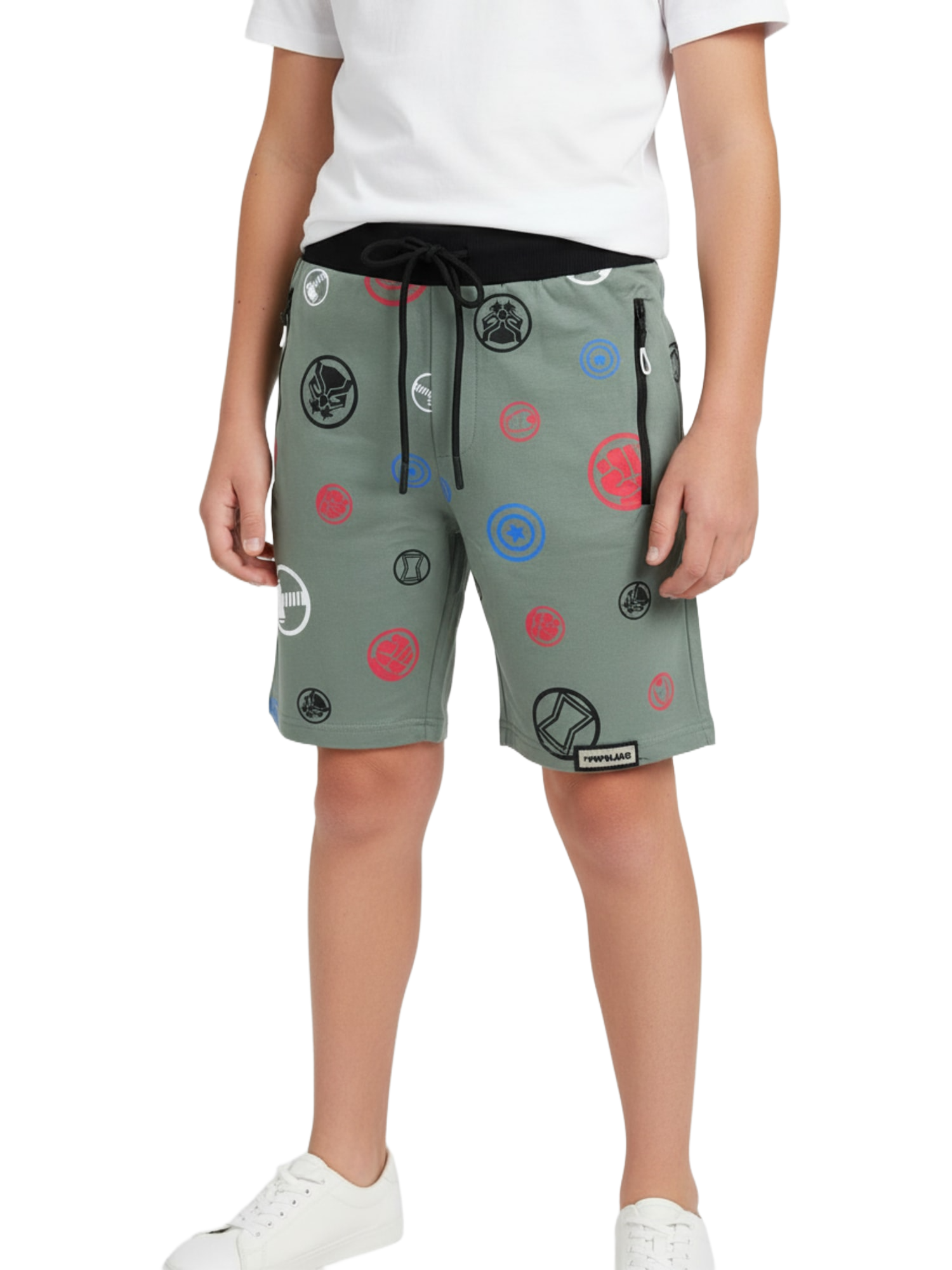 OLIVE LYCRA PRINT SHORTS WITH 2 SIDE ZIPPERS