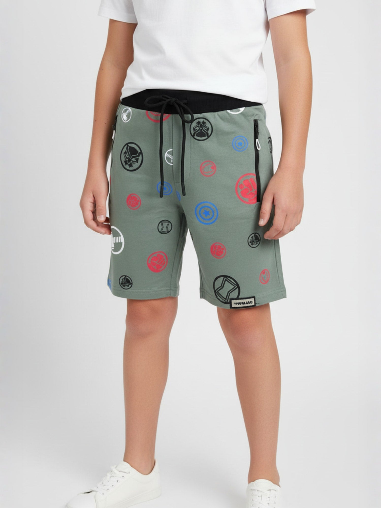 OLIVE LYCRA PRINT SHORTS WITH 2 SIDE ZIPPERS