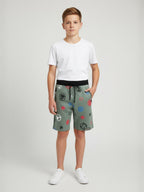 OLIVE LYCRA PRINT SHORTS WITH 2 SIDE ZIPPERS