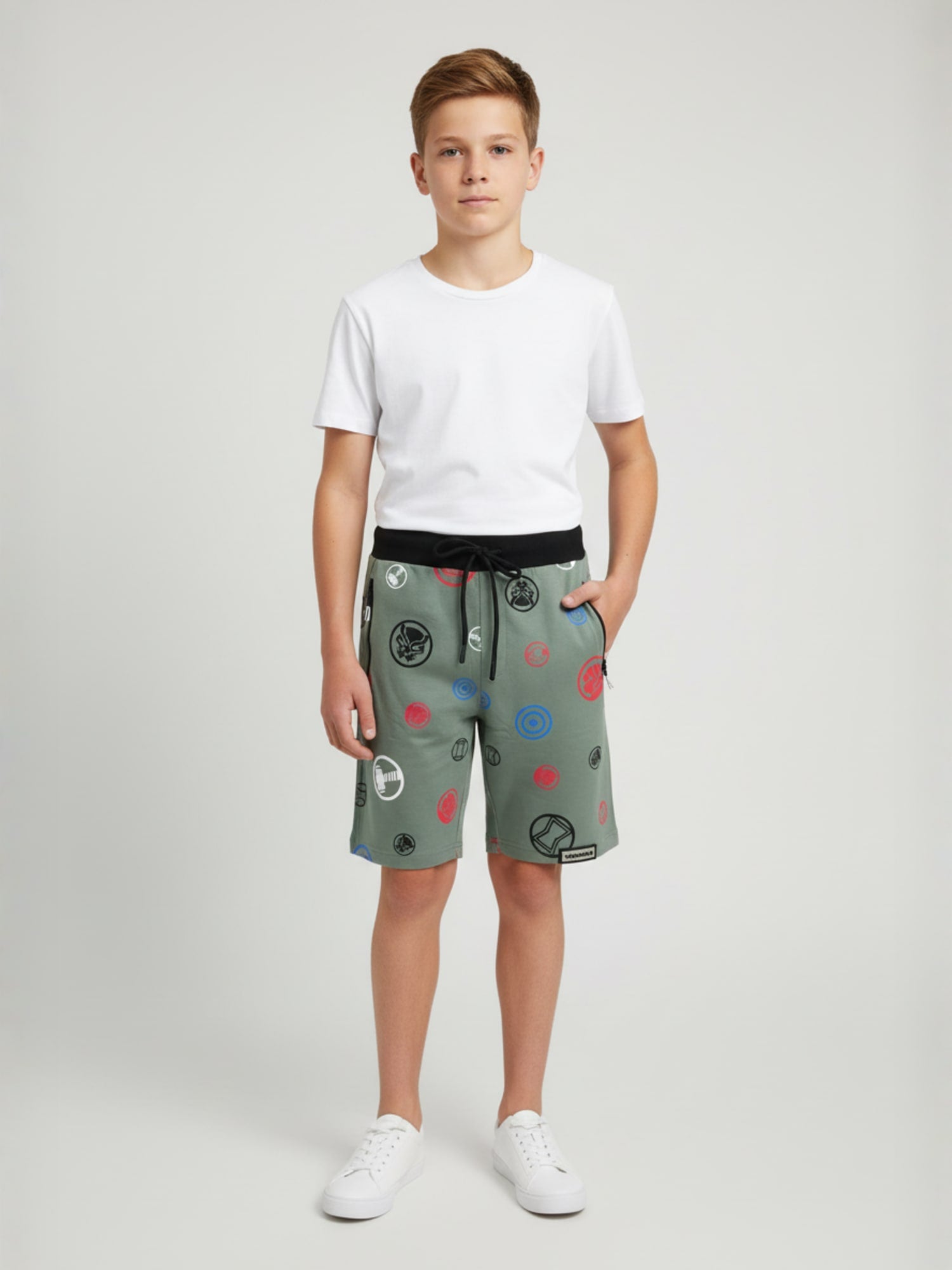 OLIVE LYCRA PRINT SHORTS WITH 2 SIDE ZIPPERS