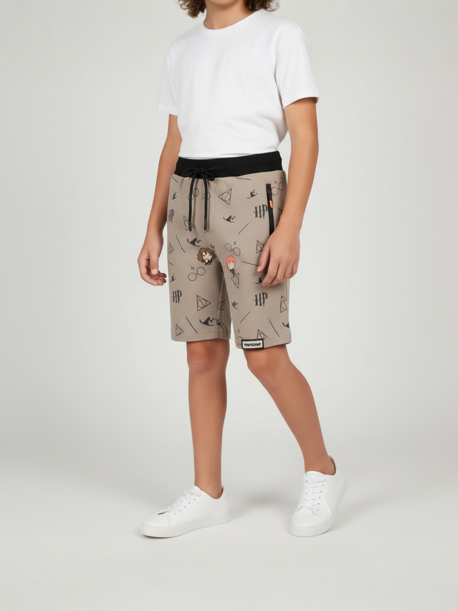 KHAKHI LYCRA PRINT SHORTS WITH 2 SIDE ZIPPERS