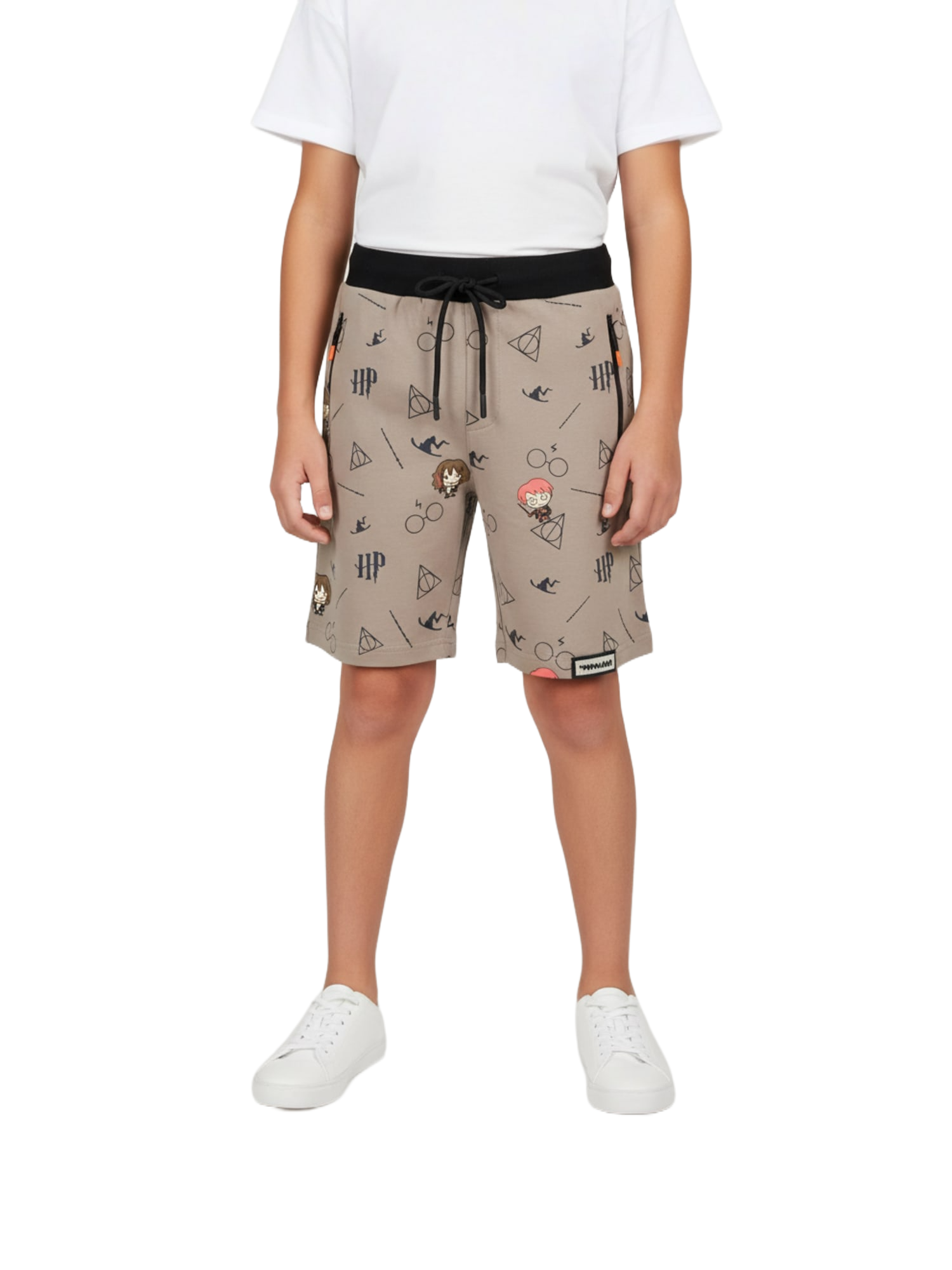 KHAKHI LYCRA PRINT SHORTS WITH 2 SIDE ZIPPERS