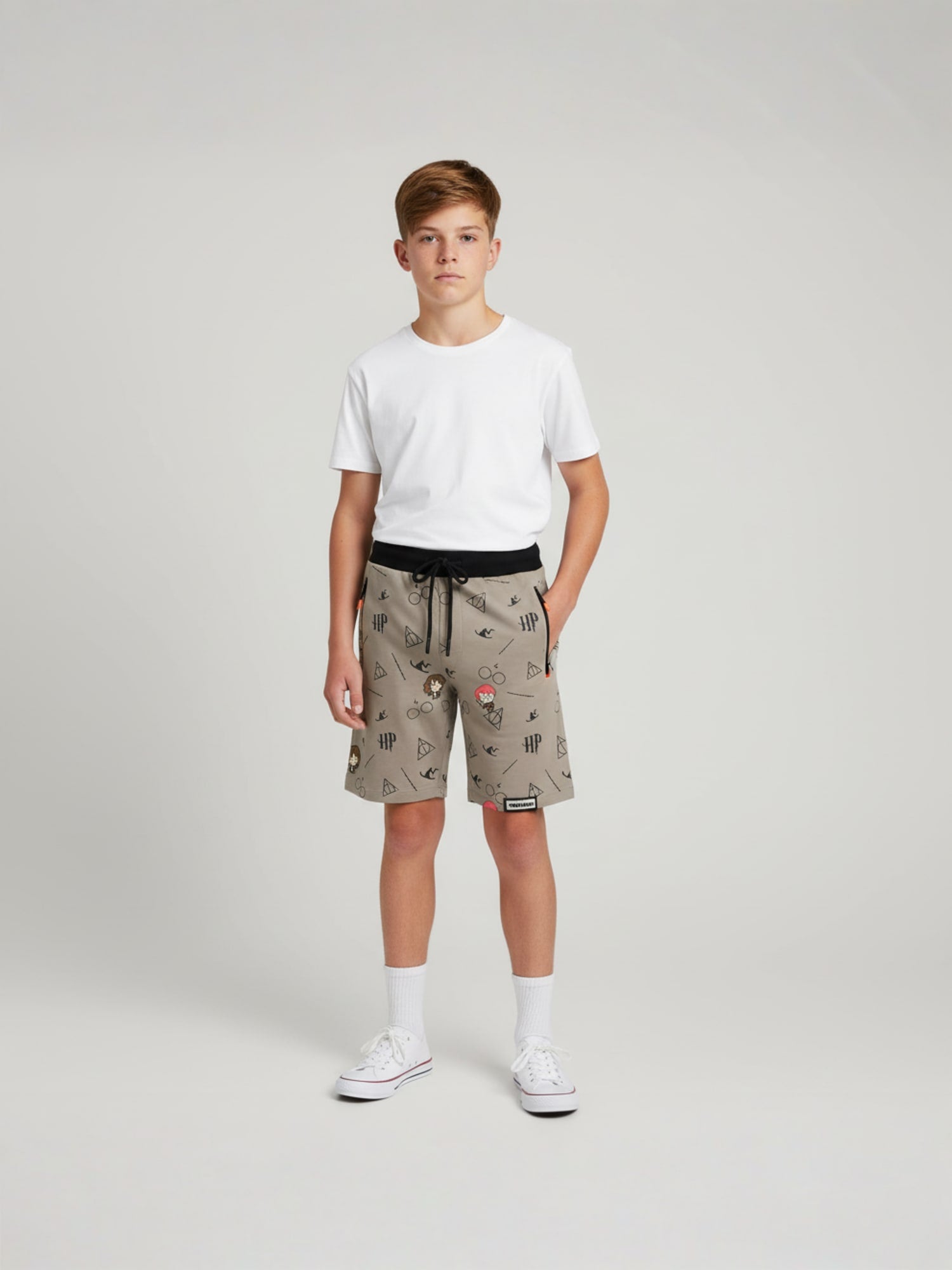 KHAKHI LYCRA PRINT SHORTS WITH 2 SIDE ZIPPERS