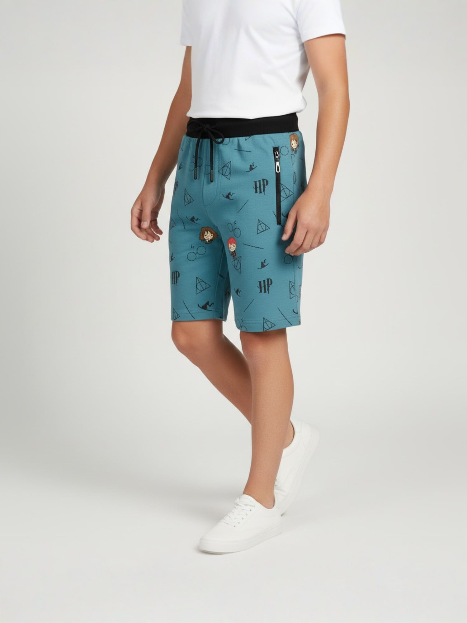 SKY BLUE LYCRA PRINT SHORTS WITH 2 SIDE ZIPPERS