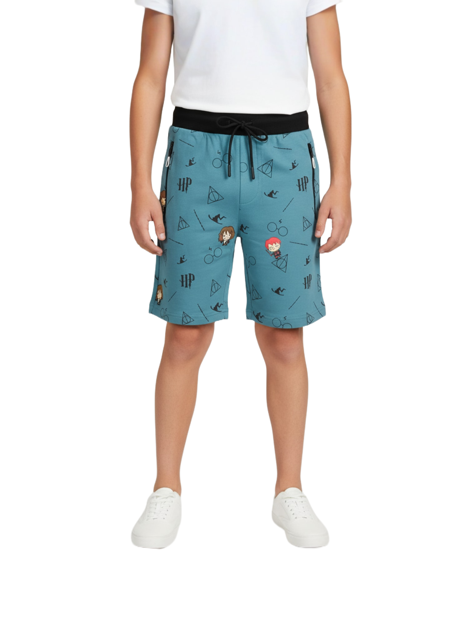SKY BLUE LYCRA PRINT SHORTS WITH 2 SIDE ZIPPERS