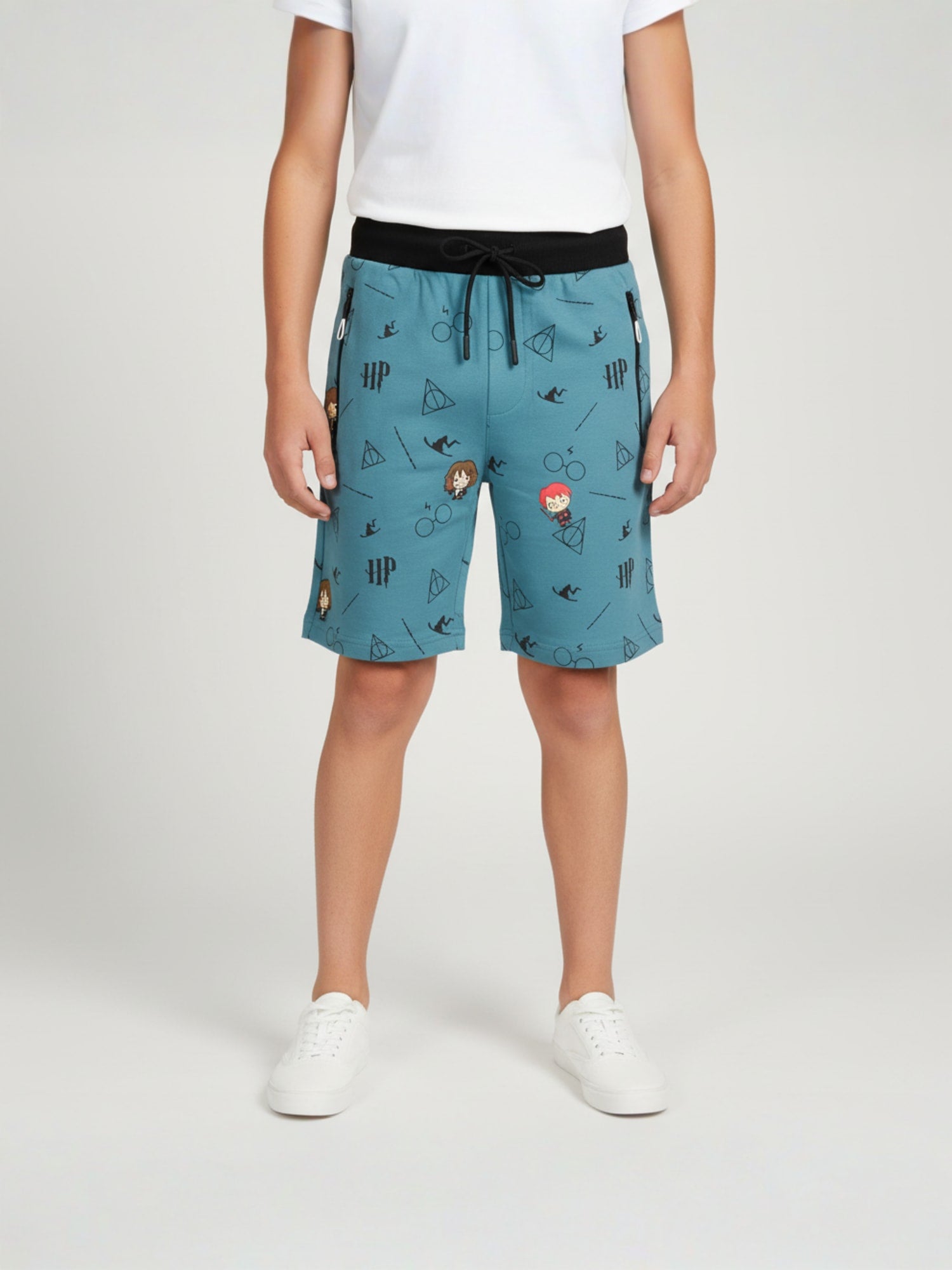 SKY BLUE LYCRA PRINT SHORTS WITH 2 SIDE ZIPPERS