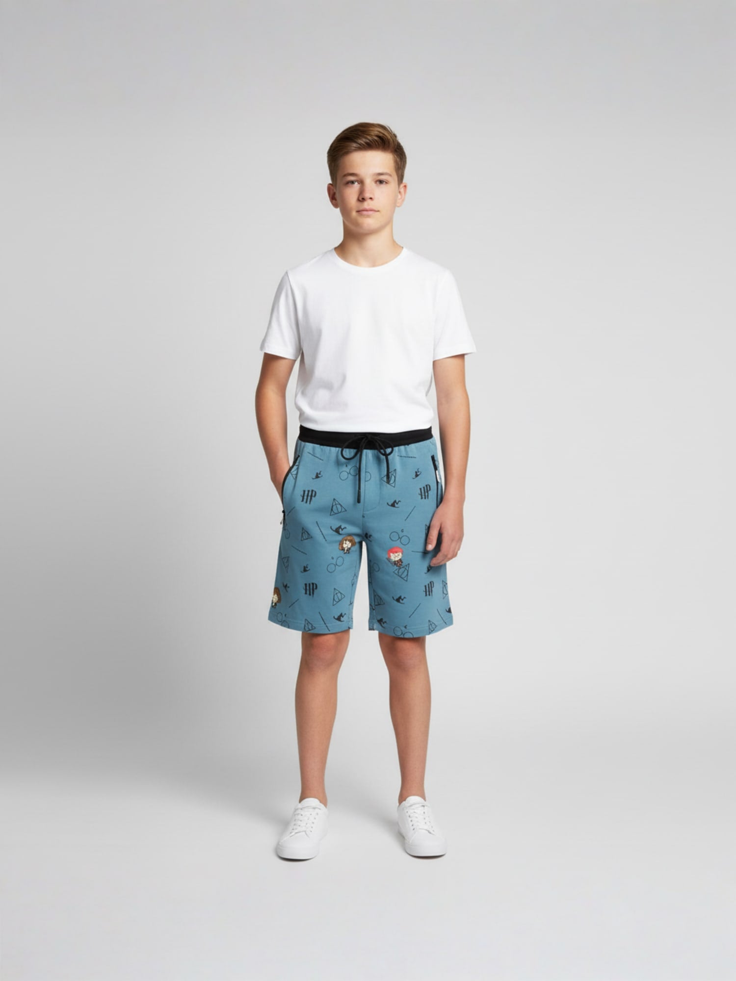 SKY BLUE LYCRA PRINT SHORTS WITH 2 SIDE ZIPPERS