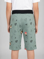 OLIVE LYCRA PRINT SHORTS WITH 2 SIDE ZIPPERS