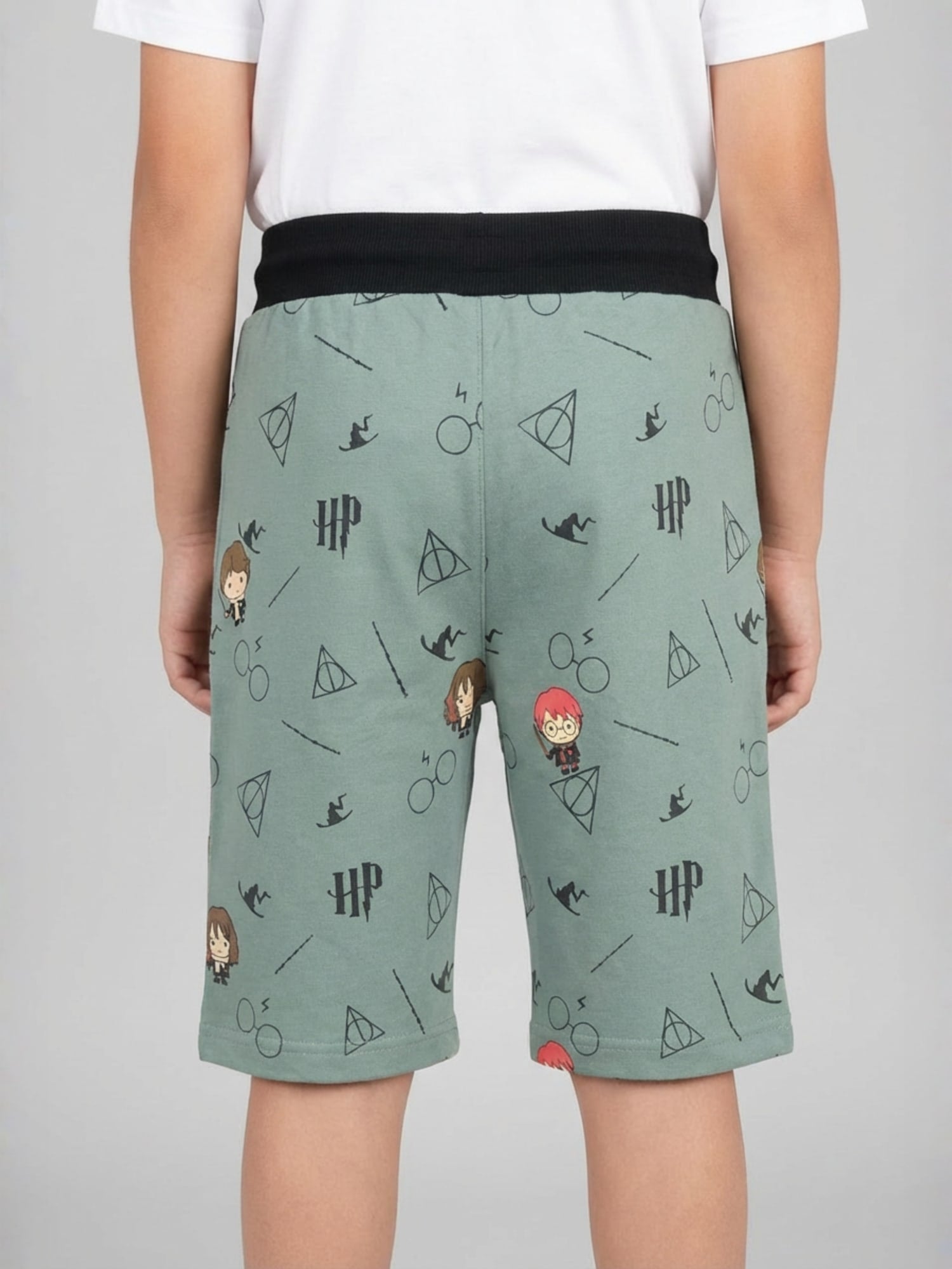 OLIVE LYCRA PRINT SHORTS WITH 2 SIDE ZIPPERS
