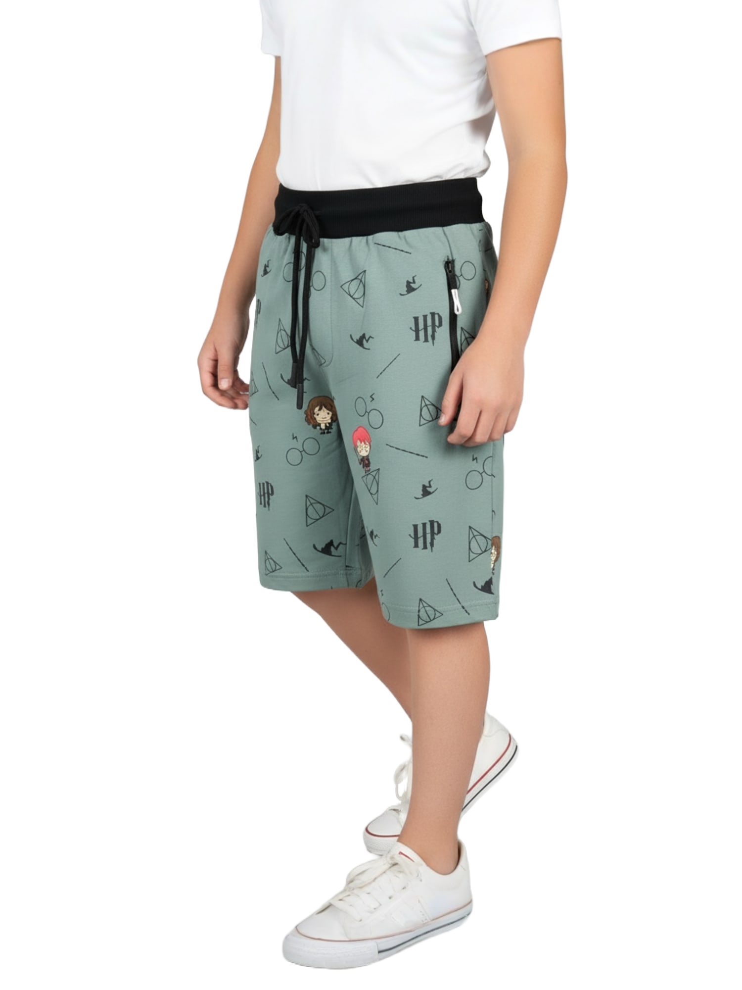 OLIVE LYCRA PRINT SHORTS WITH 2 SIDE ZIPPERS