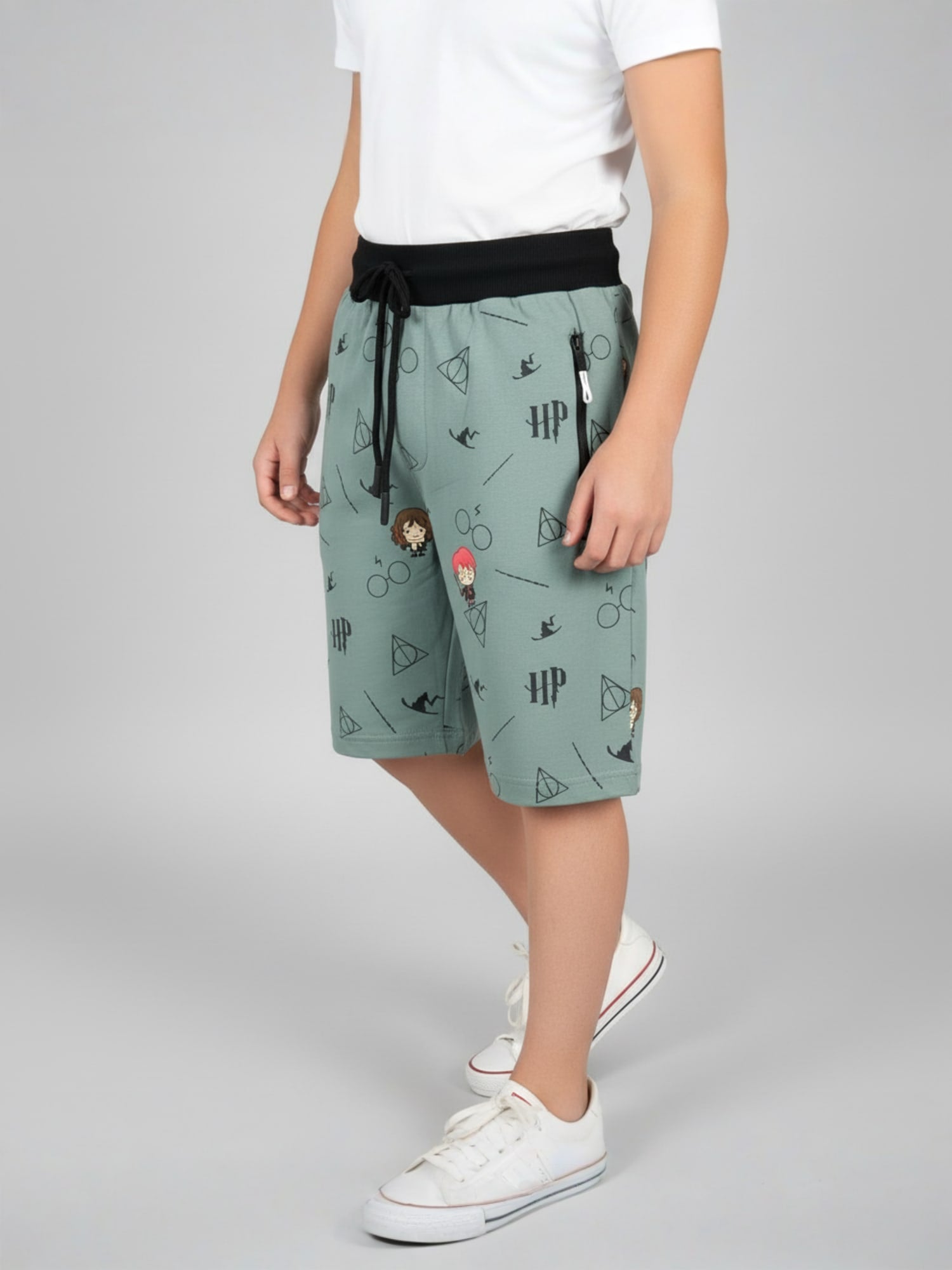 OLIVE LYCRA PRINT SHORTS WITH 2 SIDE ZIPPERS