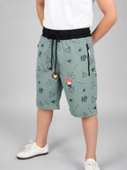 OLIVE LYCRA PRINT SHORTS WITH 2 SIDE ZIPPERS