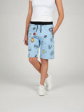 LIGHT SKY BLUE LYCRA PRINT SHORTS WITH 2 SIDE ZIPPERS
