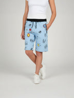 LIGHT SKY BLUE LYCRA PRINT SHORTS WITH 2 SIDE ZIPPERS