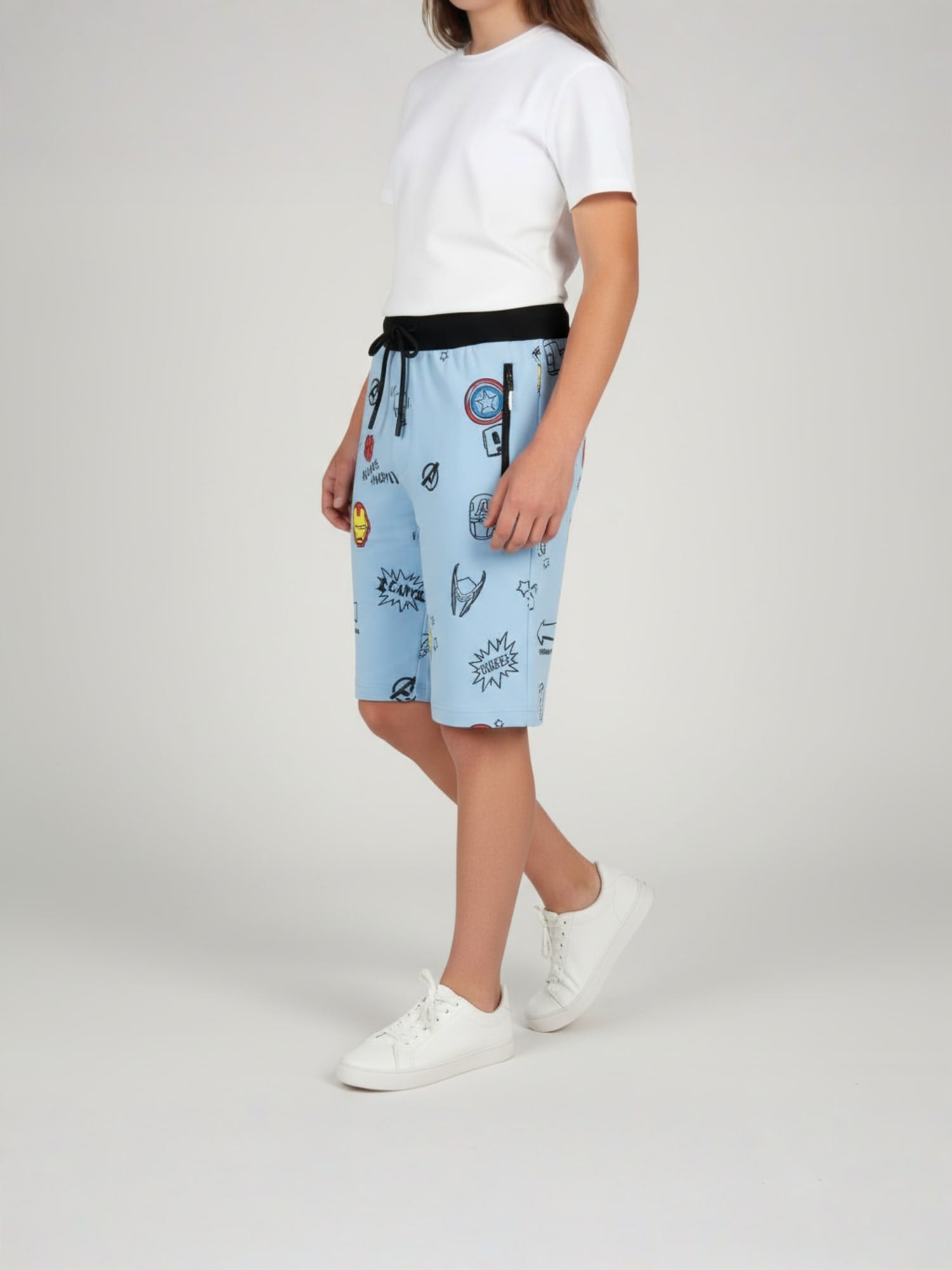 LIGHT SKY BLUE LYCRA PRINT SHORTS WITH 2 SIDE ZIPPERS