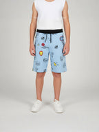 LIGHT SKY BLUE LYCRA PRINT SHORTS WITH 2 SIDE ZIPPERS