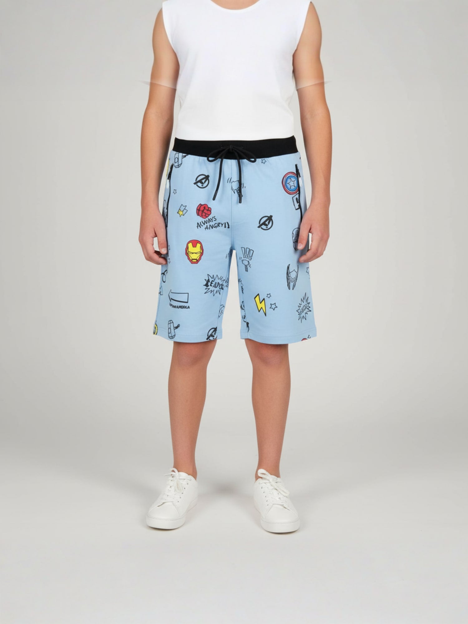LIGHT SKY BLUE LYCRA PRINT SHORTS WITH 2 SIDE ZIPPERS