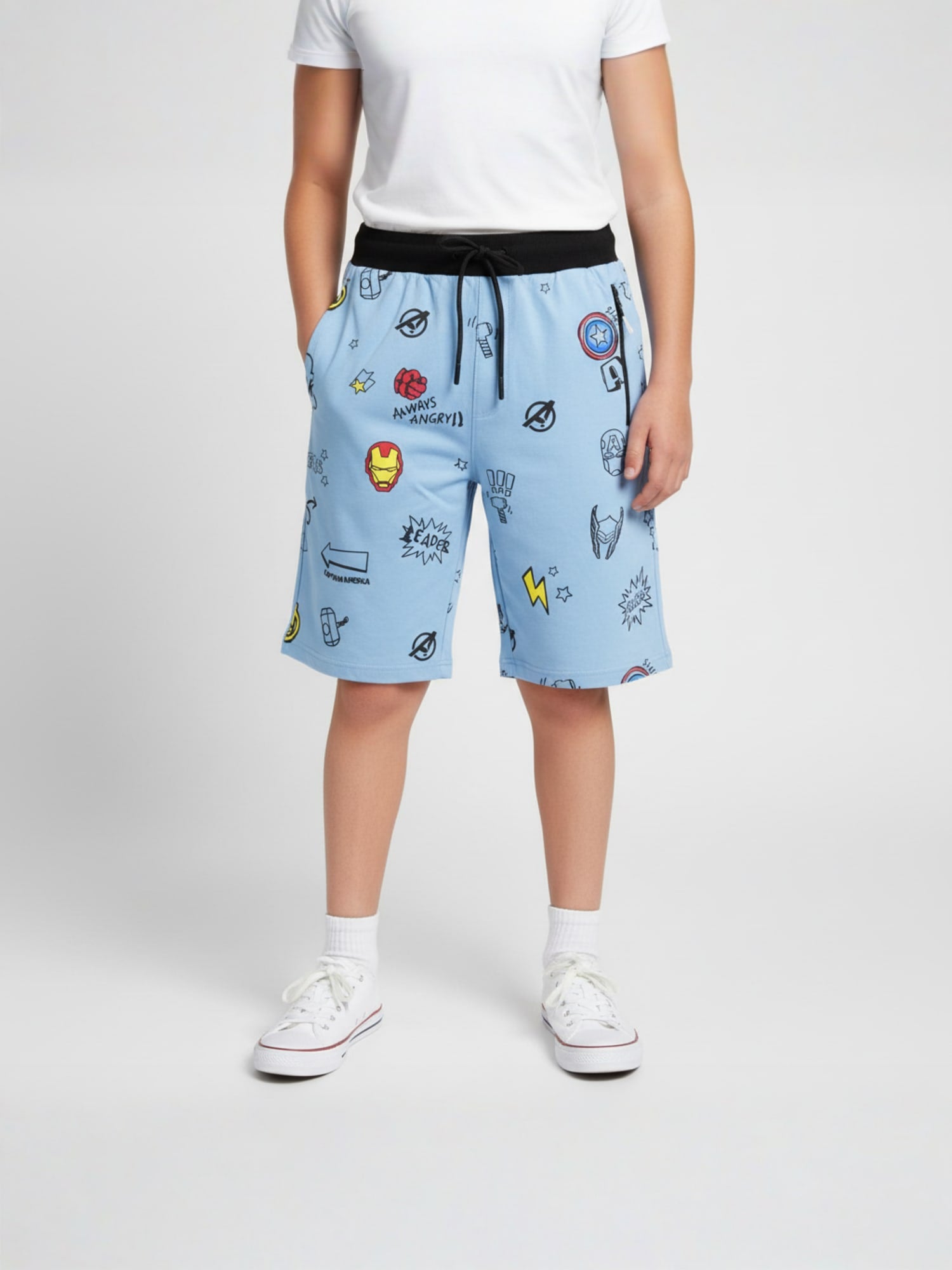 LIGHT SKY BLUE LYCRA PRINT SHORTS WITH 2 SIDE ZIPPERS