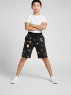 NAVY BLUE LYCRA PRINT SHORTS WITH 2 SIDE ZIPPERS