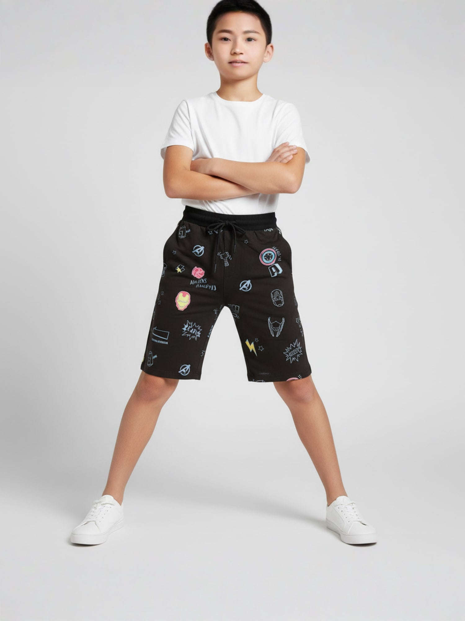 NAVY BLUE LYCRA PRINT SHORTS WITH 2 SIDE ZIPPERS